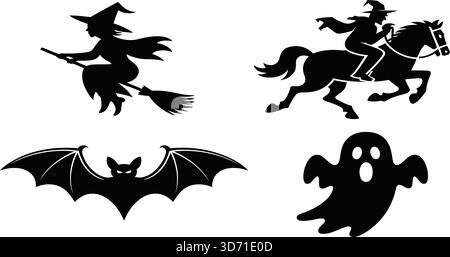 Halloween-Silhouette-Ikone mit Hexe auf Ginster, Hexe auf Pferd, Fledermaus und Geist in gruseligem Schwarz Stock Vektor