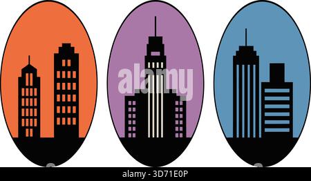 Silhouettenset mit drei urbanen Gebäudedesigns in ovalen Rahmen mit orangefarbenen, lila und blauen Hintergründen Stock Vektor