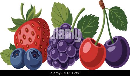 Beerenobst-Illustration mit Erdbeeren, Trauben, Heidelbeeren und Kirschen mit grünen Blättern im lebhaften Cartoon-Stil Stock Vektor