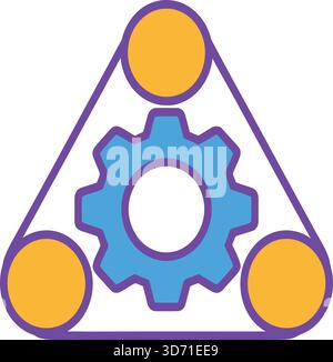 Dreiecksdiagramm mit Zahnradsymbol und drei orangefarbenen Knoten, die Themen Systemintegration, Workflow und kollaborative Prozesse darstellen Stock Vektor
