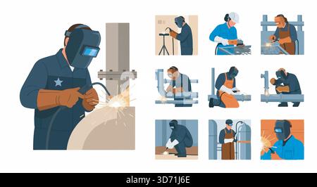 Schweißarbeiter-Set. Abbildung: Personen, die Schutzkleidung tragen, um Metallkonstruktionen zu schweißen. Vektor. Stock Vektor