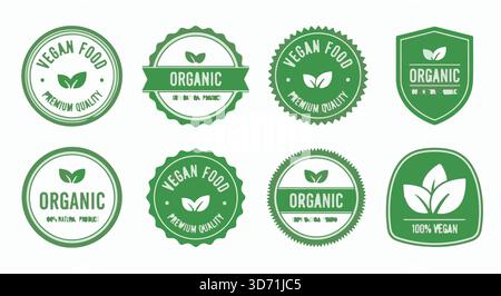 Grüne vegane und organische Etiketten. Set von Vektor-Aufklebern für gesunde Lebensmittel und natürliche Produkte. Design-Elemente mit Öko-Emblemen und Logos. Stock Vektor