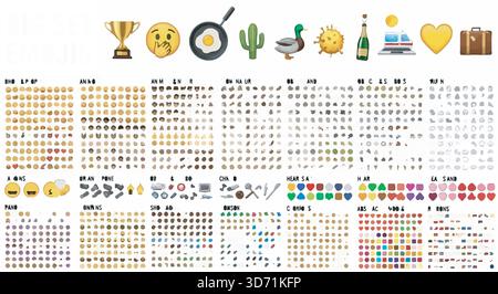 Emoji-Illustrationsblatt. Verschiedene Emojis, einschließlich Gesichter, Objekte und Symbole in organisierten Gruppen auf weißem Hintergrund. Stock Vektor