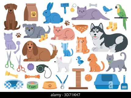 Illustration des Vektors für die Tierpflege. Sammlung von Haustieren, Hunden, Katzen, Kaninchen und Zubehör. Flaches Design. Stock Vektor