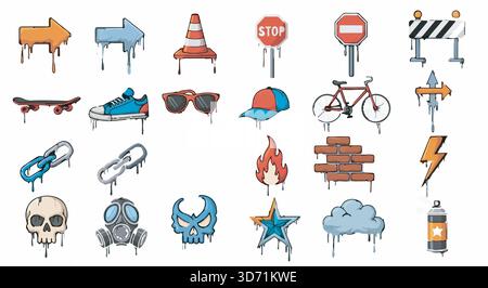 Symbole Im Graffiti-Stil. Zeichentrickzeichnungen von urbanen Elementen: Skateboard, Schädel, Schilder, Turnschuhe, Fahrrad, Mauermauer, Feuer. Vektorabbildung. Stock Vektor