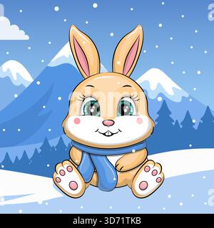 Niedliches Karikaturkaninchen mit blauem Schal im Winter. Vektor-Illustration des Tieres in der Natur auf einem blauen Hintergrund mit Schnee. Stock Vektor