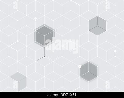 Weiße 3D-Würfel auf hellgrauem Hintergrund, nahtloses geometrisches Muster. Abstrakter und moderner Technologie- und Wissenschaftshintergrund mit sich wiederholendem Muster. Stockfoto