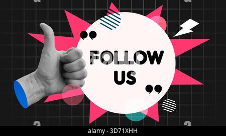 Retro Follow US Banner mit Daumen nach oben Geste. Moderne Social-Media-Grafik im Stil der 80er 90er Jahre. Vektorabbildung. Stock Vektor
