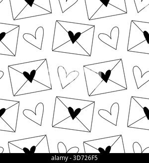 Nahtloses Muster mit handgezeichneten süßen Herzen und Liebesbriefen. Nahtloses Valentinstag-Muster. Vektorgrafik Linie Schwarz-weiß-Illustration Gree Stock Vektor