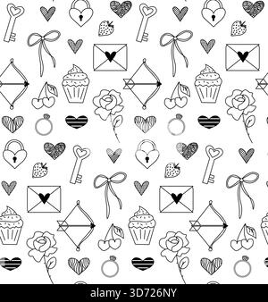 Nahtloses Valentinstag-Muster. Vektorgrafik-Linie in Schwarzweiß-Illustration. Silhouettenzeichen für Logo, Druck, Comics, Mode, Pop Art, Platinen, Stock Vektor