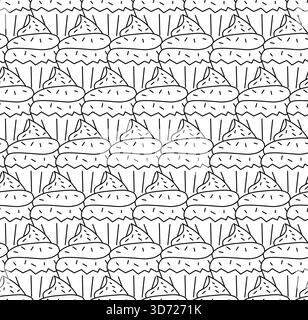 Cupcakes Nahaufnahme nahtloses Muster. Vektorgrafik-Linie in Schwarzweiß-Illustration. Für Poster, Flyer, Banner, Einladung, soziale Medien, Party oder sal Stock Vektor