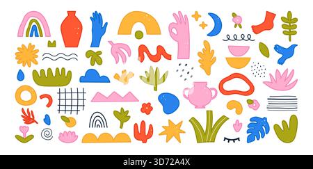 Abstrakte Doodle-Sammlung von Pflanzen, Händen, Vasen, Vögeln, Regenbögen und organischen Ausschnitten im mutigen modernen matisse-Stil für Collage, Muster und Dekor, isoliert auf weißem Hintergrund Vektor-Illustration Stock Vektor