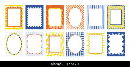 Buntes Set von gewellten Randrahmen mit geometrischen Mustern und verspielten Doodle-Rändern, ideal für Einladungen, Banner oder kreative Layouts, isoliert auf weißem Hintergrund Vektorillustration Stock Vektor