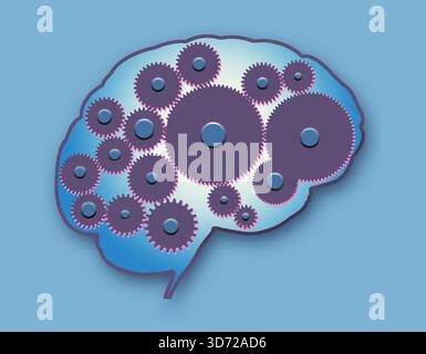 In diesem 3D-Bild über den menschlichen Verstand scheinen alle Zahnräder zu funktionieren oder zu denken. Stockfoto