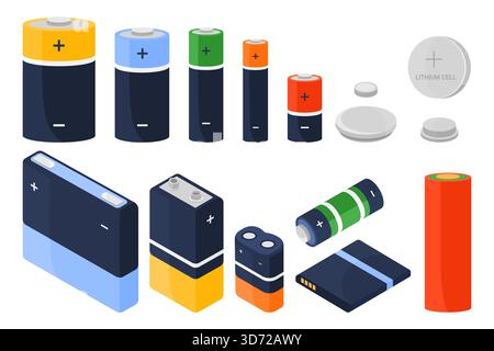 Satz verschiedener Alkali-, Lithium- und wiederaufladbarer Batterietypen, einschließlich AA-, AAA-, Münz- und Blockzellen, dargestellt in isometrischer Vektorabbildung Stock Vektor