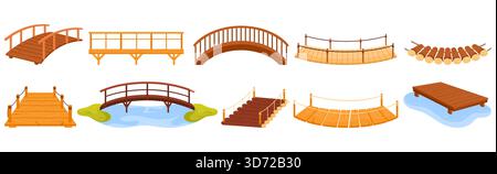 Verschiedene Cartoon Holzbrücken Set einschließlich Seil, Bogen und rustikale Designs für Fluss- oder Pfadüberquerung, ideal für Spiel- oder Grafikprojekte isoliert auf weißem Hintergrund Vektor Illustration Stock Vektor