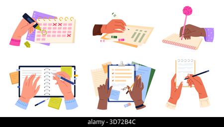 Mehrere verschiedene Hände schreiben auf Notizbücher, Kalender und Dokumente und zeigen Planung, Papiere, und Notizen, isoliert auf weißem Hintergrund Vektorillustration Stock Vektor