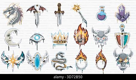 Fantasy-Symbol-Set. Handgezeichnete Ikonen Drache, Schwert, Krone, Kristall, Zauberstab, Trank, Schädel, Auge, Mond, Schlange, Tor, Feuer. Spieldesign-Elemente. Stock Vektor