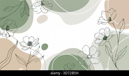 Eleganter floraler Hintergrund mit Blumen und abstrakten Formen in gedämpften Grün- und Beigetönen. Modernes botanisches Design. Stock Vektor