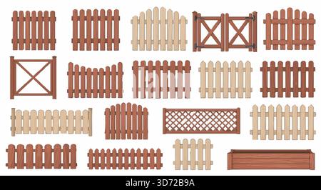 Zaunsatz. Sammlung von hölzernen Zäunen und Toren in verschiedenen Designs. Vektorillustration isoliert auf weißem Hintergrund. Stock Vektor