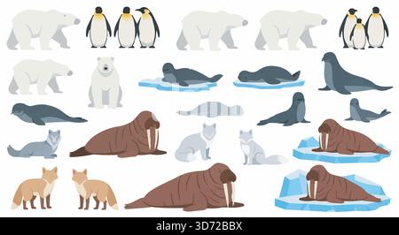 Arctic Animals Set. Sammlung von Eisbären, Pinguinen, Robben, Walrosen, Polarfuchsen, Vektorabbildung. Stock Vektor