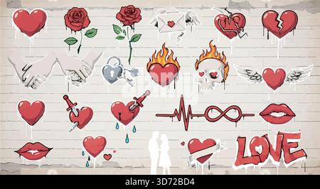 Liebe Graffiti. Illustration von Herzen, Rosen, Lippen und anderen Liebessymbolen auf einer weißen Ziegelwand. Valentinstag-Thema. Stock Vektor