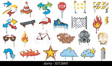 Graffiti-Symbolgruppe. Sammlung von Street-Art-Elementen: Pfeile, Schädel, Feuer, Stoppschild, Skateboard. Vektorabbildung. Stock Vektor