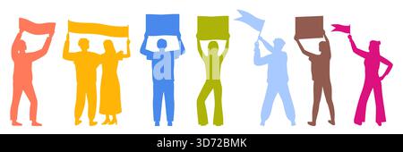 Gruppe von bunten Silhouetten von Menschen, die stehen und Plakate, Plakate und Fahnen halten, die Aktivismus, Protest, und Demonstration, isoliert auf weißem Hintergrund Vektor-Illustration Stock Vektor
