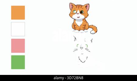 Niedliche Ingwerkitten-Illustration mit Skizze und Farbpalette auf weißem Hintergrund. Zeichentrickstil. Stock Vektor