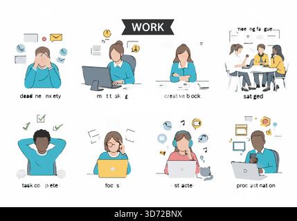 Ikonen verschiedener Menschen, die in unterschiedlichen emotionalen zuständen arbeiten. Vektordarstellung von Arbeitsaufgaben, Termine und Produktivität. Stock Vektor