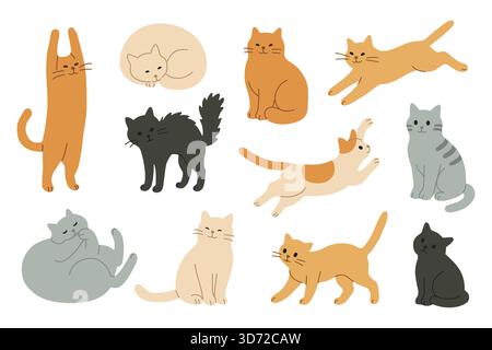Lustige süße Katzen in verschiedenen Posen wie Dehnen, Schlafen, Springen, Spielen. Freundlicher flacher Stil für Kinderprojekte, Charakter-Set für Design, isoliert auf weißem Hintergrund Vektor-Illustration Stock Vektor
