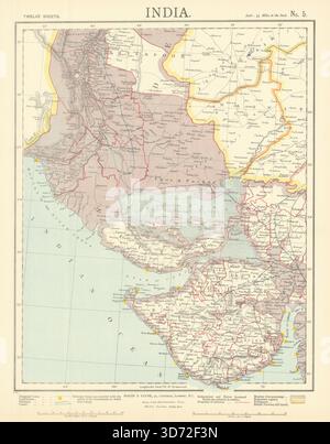 NW INDIEN UND SÜDPAKISTAN. Sindh Gujarat Karachi Hyderabad. Eisenbahnen. Karte LETTS 1892 Stockfoto