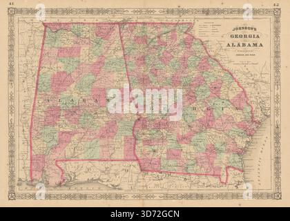 Johnson's Georgia & Alabama. US-State-Karte zeigt Grafschaften 1865 alt Stockfoto
