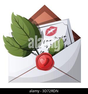 Offener Umschlag mit handgeschriebenem Liebesbrief, rotem Wachs-Herzsiegel und Laub. Isolierte Vektorkunst für Romantik- und Korrespondenzkonzepte Stock Vektor