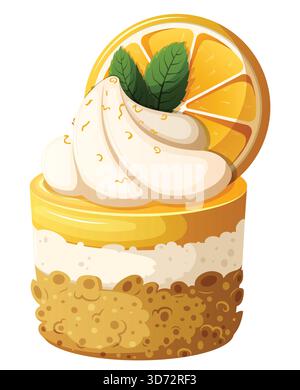 Mini Zitronen Käsekuchen Mousse oder Quark Dessert Vektor Grafik mit Schlagsahne, Minze, Zitrusscheibe, Zesten Topping und Kekskruste Stock Vektor