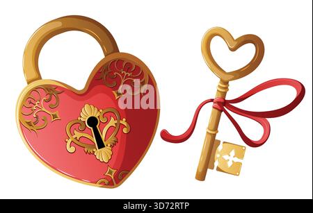 Rotes und goldenes Schloss in Herzform mit passendem Schlüssel, verziert mit Band, romantisches Ornamentales Liebessymbol für Valentinstag, Hochzeit und Beziehung Stock Vektor