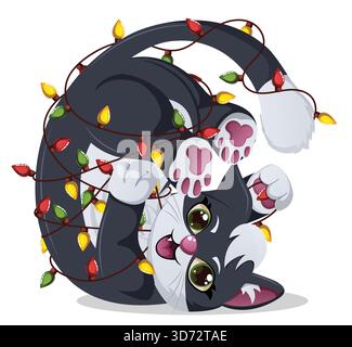 Kleine Katze, die kopfüber in bunten Weihnachtslichtern verwickelt ist. Niedliche Kätzchen Vektor-Illustration für Feiertags-Humor Stock Vektor