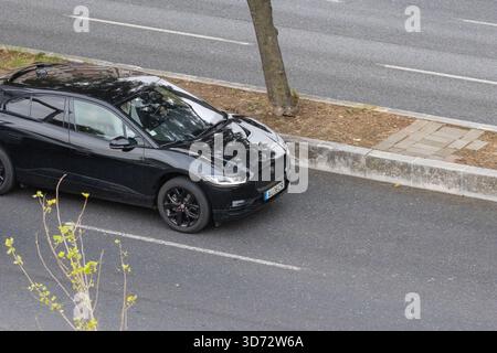 Der elektrische geländewagen Jaguar i Pace parkt auf einer Asphaltstraße neben einem Baum und einem Bürgersteig Stockfoto