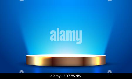 Goldenes Displaypodium, beleuchtet von einem hellen Spotlight auf einem leuchtend blauen Hintergrund, perfekt für die Präsentation von Produkten. Vektorabbildung. Stock Vektor