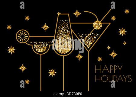 Vektor-Illustration mit goldenen Glitzercocktails und Champagnergläsern auf schwarzem Hintergrund. Modernes geometrisches Urlaubsdesign für Bar, Club, Alkohol dr Stock Vektor