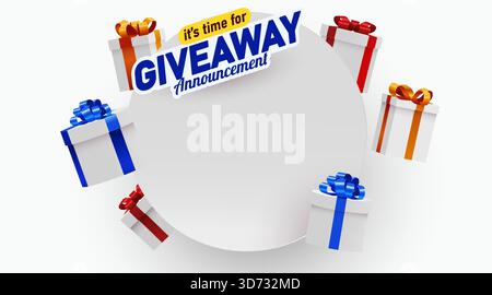 Das Werbebanner „Time for Giveaway“ mit schwebenden Geschenkboxen und leeren Textfeldern. Vektorabbildung Stock Vektor