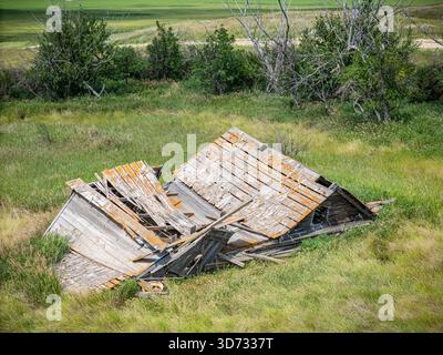 Das verfallene alte Haus sitzt auf einem grasbewachsenen Feld. Das Haus ist in einem Zustand des Verfallens, mit kaputten Fenstern und einem durchhängenden Dach. Die Umgebung Stockfoto