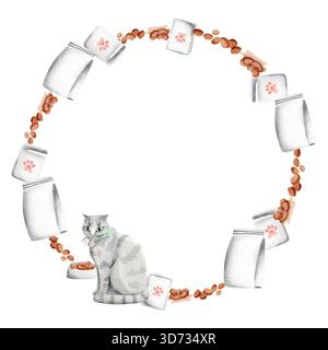 Eine graue Katze mit Ohrenohren, umgeben von Futter. Eine einfache Aquarellabbildung. Ein runder Rahmen zeigt das Katzen- und Katzenfutter. Stockfoto