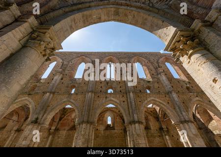Innenliegende Spitzbögen der dachlosen Zisterzienserabbazia di San Galgano, gotische Klosterruinen aus dem 13. Jahrhundert in der Nähe von Chiusdino in der Toskana. Stockfoto