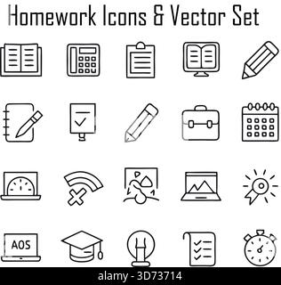 Set Für Hausaufgaben – Symbole Für Studie, Ausbildung, Aufgabe, Lerninhalte Stock Vektor