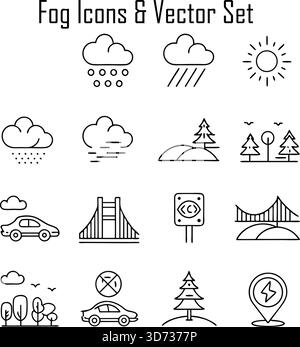 Nebelsymbole und Vektorsatz – Wettersymbole, Nebel, Dunst, Klimaelemente, atmosphärische Illustrationen Stock Vektor