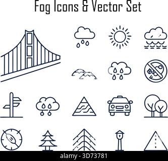 Nebelsymbole und Vektorsatz – Wettersymbole, Nebel, Dunst, Klimaelemente, atmosphärische Illustrationen Stock Vektor