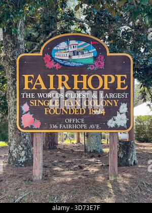 Fairhope, AL - 16. März 2025: Begrüßungsschild, das darauf hinweist, dass Fairhope als utopische Einzelsteuerkolonie gegründet wurde. Der Kolonie gehören noch 20% von Fairhope. Stockfoto