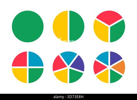 Symbole für Donut-Diagramme, die auf 1 bis 6 gleiche Teile segmentiert sind. Die Räder sind in Abschnitte unterteilt. Diagramme Infografik mehrfarbig. Kreisschnittdiagramm. Torte Stock Vektor