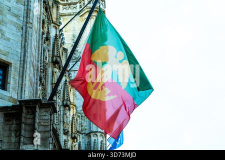 Stadtflagge von Brüssel, Belgien. Grüne und rote Fahne mit dem Heiligen Michael, der den Teufel mit Füßen tritt. Hausgebäude im Zentrum der Stadt Stockfoto
